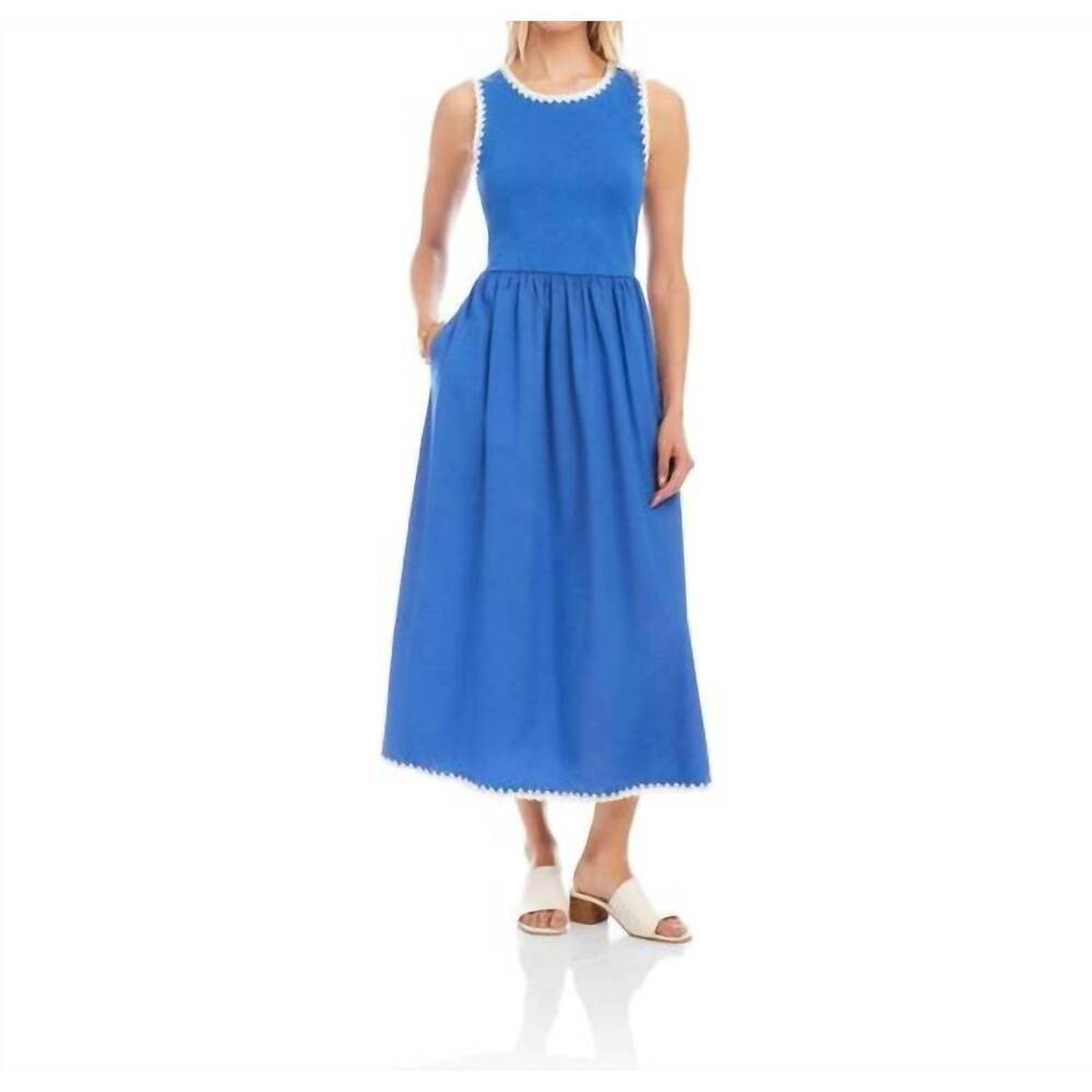 NEW KAREN KANE sleeveless edge stitch contrast midi dress in blue
